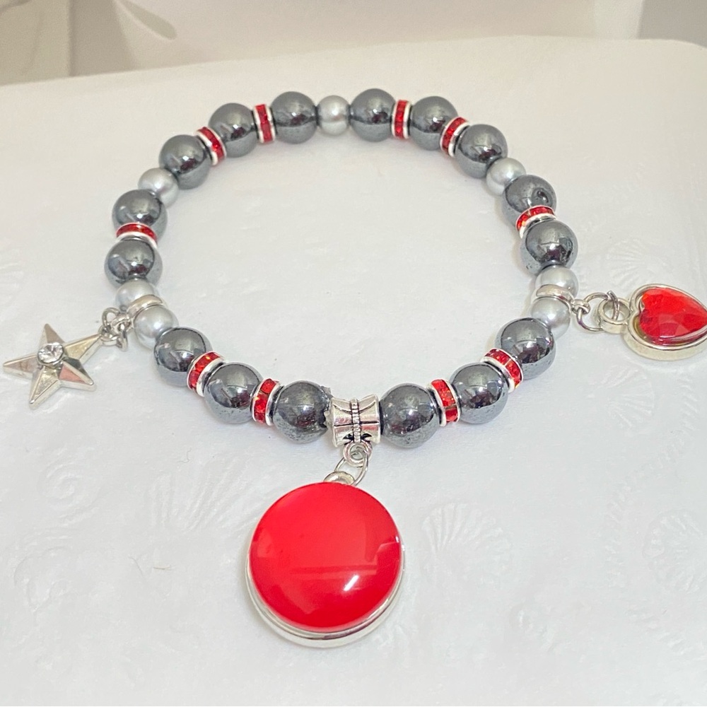 Red and Silver Beaded Charm Bracelet